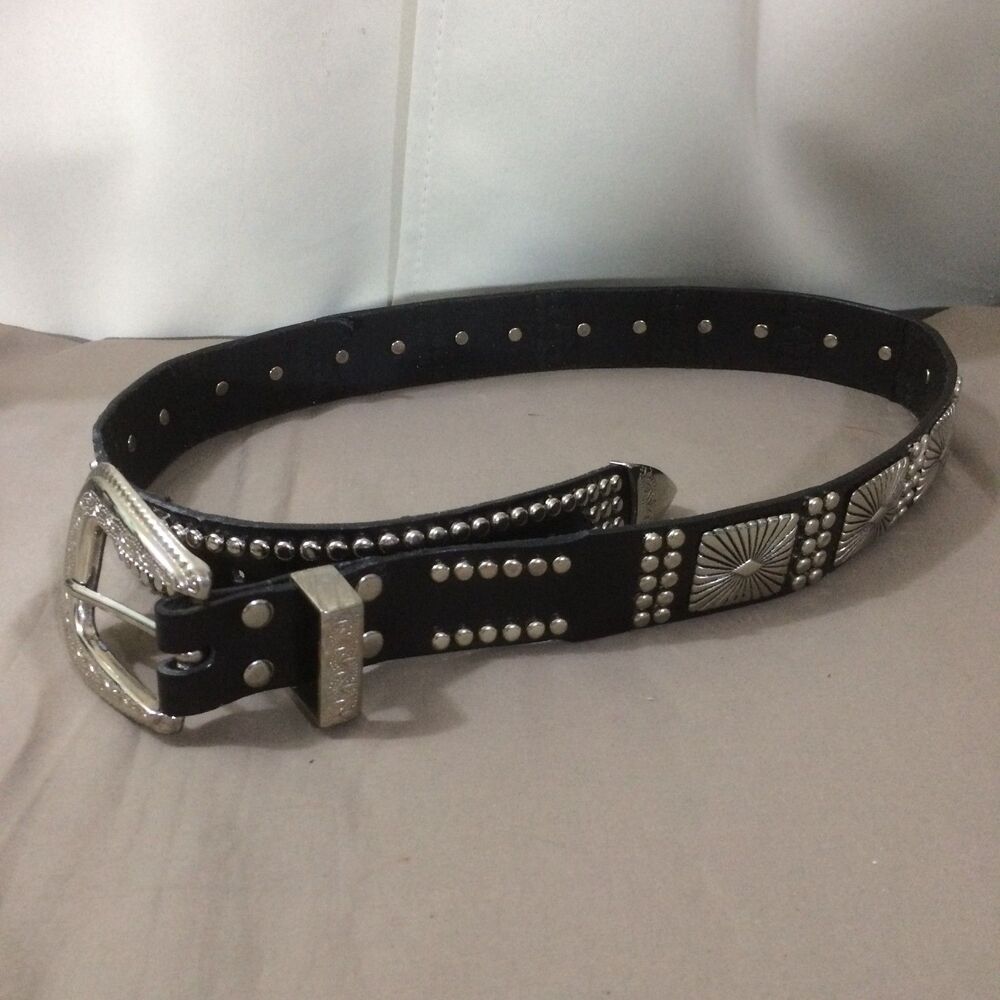 Vintage Western Concho Studded Belt Black Heavy Silver Metal Plates 40"